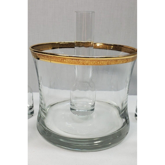 Flared Ice Bucket on Heavy Base w/ Five Contemporary Liquor Cordials Gold Rim - Picture 2 of 7